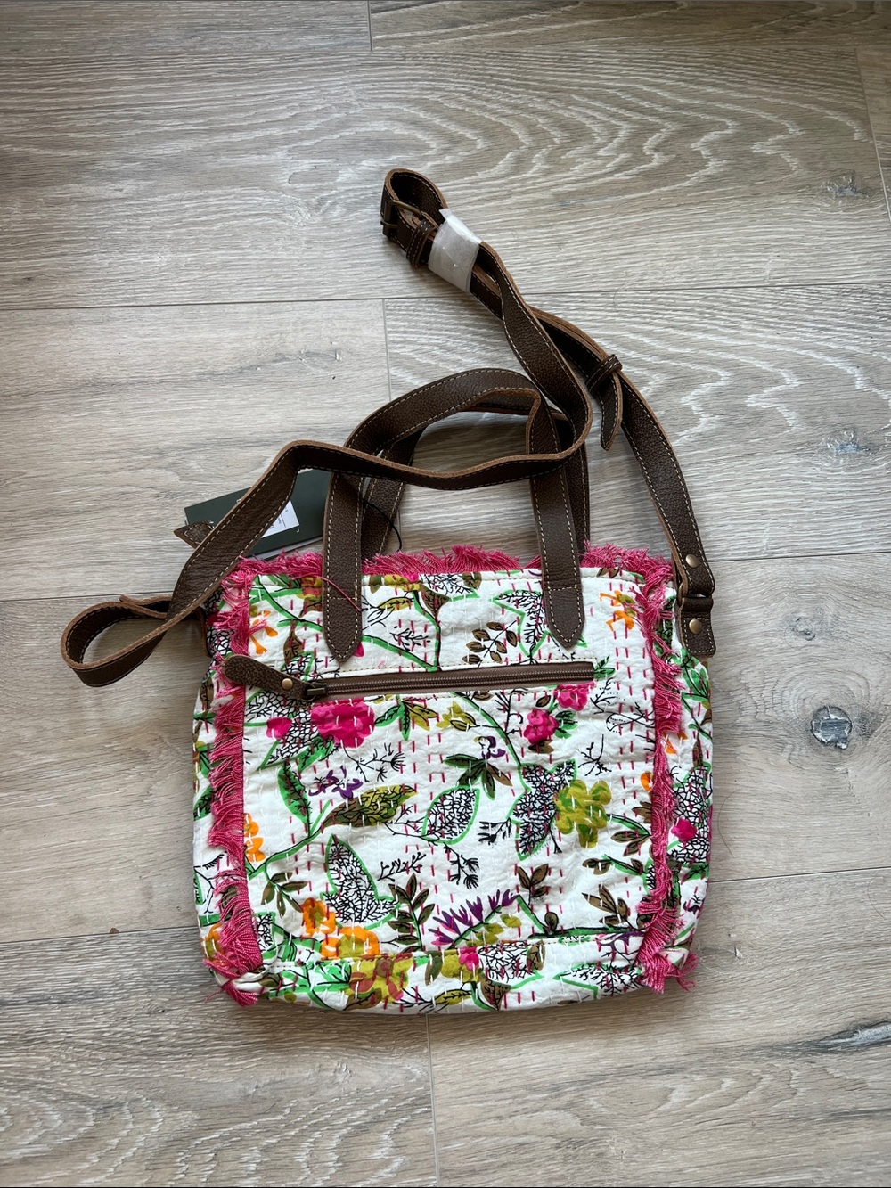 Myra Bag White Floral Crossbody with Pink Fringe and Brown Trim - Picture 7 of 9
